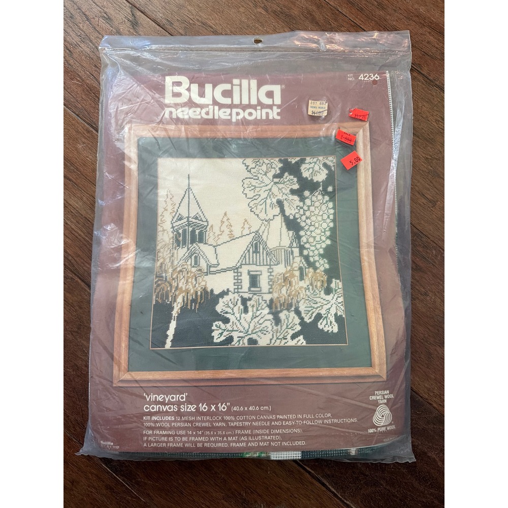 Vintage Bucilla Vineyard Needlepoint Kit 4236 Church Landscape Wool Yarn 16x16